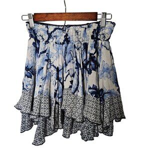 Desigual Small Skirt Blue‎ Boho Cottagecore Fairy Bird Print Mini Ruffle PullOn